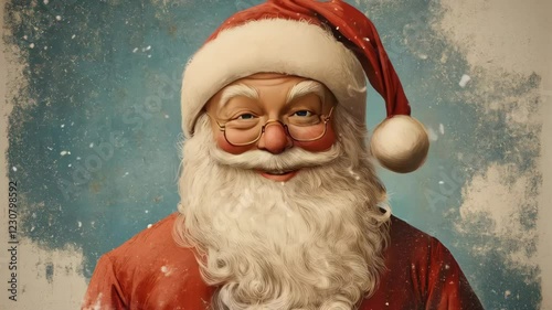 Santa claus smiling and winking amidst falling snowflakes animated holiday gesture