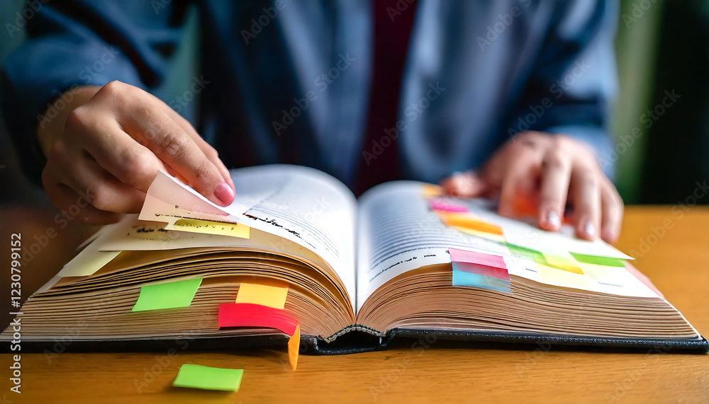 Close-up of hands reviewing a large, open book filled with colorful sticky notes. Perfect for concepts of planning, studying, research, organization, and productivity. Close-up of hands reviewing a large, open book filled with colorful sticky notes. Perfect for concepts of planning, studying, research, organization, and productivity.