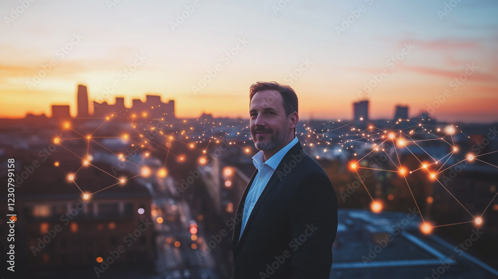 Fototapeta premium Abstract business man stands on Smart digital Innovation city with connection network reciprocity over the twilight cityscape. of future wireless digital city and social media networking systems