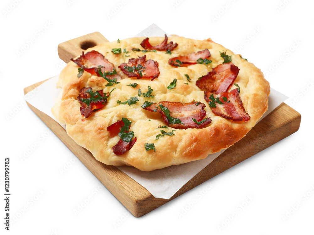 Delicious focaccia bread with bacon and parsley isolated on white Delicious focaccia bread with bacon and parsley isolated on white