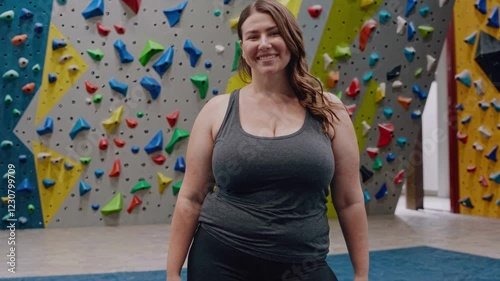 Seamless Loop Chubby Curvy Woman Casually Standing In Gym Climbing Area, Active Lifestyle Concept Video 4K