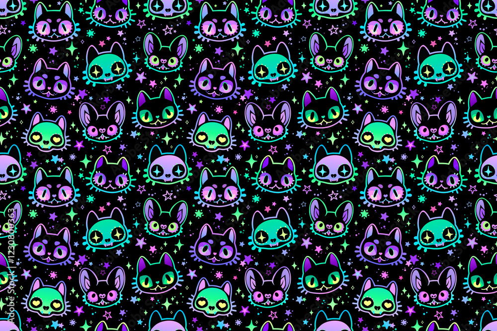 Seamless illustration. Drawn animals in bright colors on a black background Seamless illustration. Drawn animals in bright colors on a black background