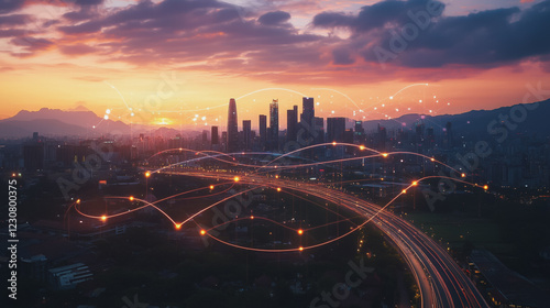 Abstract business man stands on Smart digital Innovation city with connection network reciprocity over the twilight cityscape. of future wireless digital city and social media networking systems