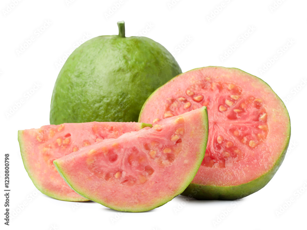 Fresh whole and cut guava fruits isolated on white Fresh whole and cut guava fruits isolated on white