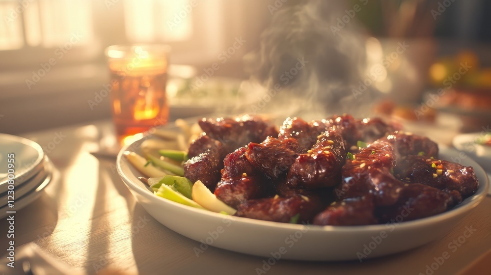 Deliciously plated spicy chicken wings served with fresh vegetables and drink in cozy setting Deliciously plated spicy chicken wings served with fresh vegetables and drink in cozy setting