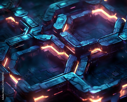 Intricate vector art of interlocking hexagonal shapes with glowing edges captured in high contrast lighting