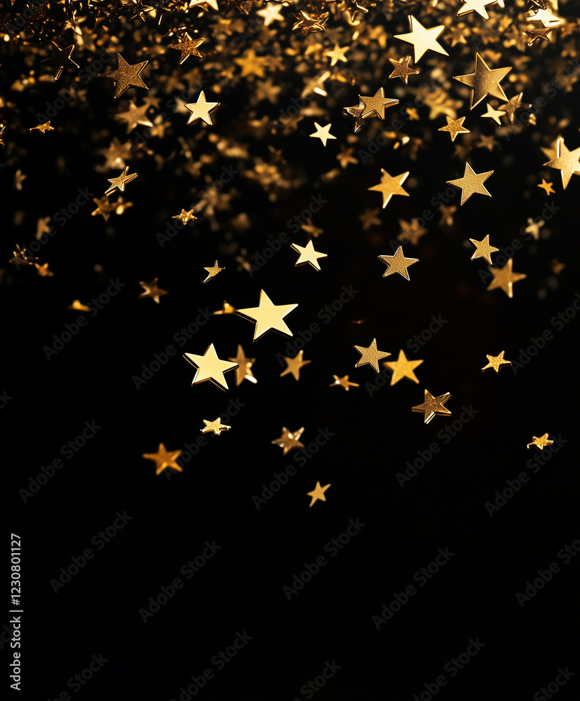 gold stars various sizes floating and falling, isolated on black background - shallow depth of field, celebration, ratings, reviews or consumer voice - parallax vertical, scrollable, gold and black. gold stars various sizes floating and falling, isolated on black background - shallow depth of field, celebration, ratings, reviews or consumer voice - parallax vertical, scrollable, gold and black.