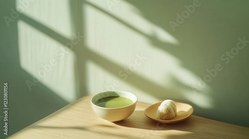 Wallpaper Mural A serene morning tea setting, replacing coffee with a traditional Japanese matcha bowl, accompanied by a delicate wagashi dessert Torontodigital.ca