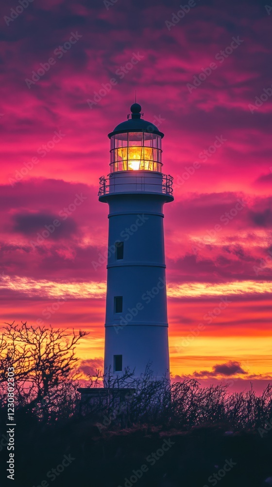Coastal lighthouse sunset, vibrant sky, navigation aid Coastal lighthouse sunset, vibrant sky, navigation aid