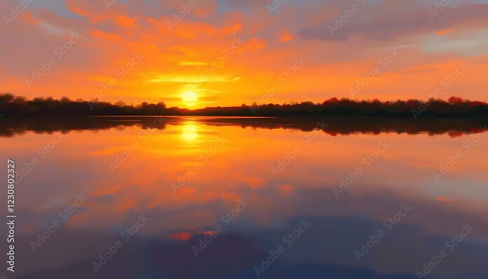 Fototapeta premium Serene Sunset Over Calm Lake Reflecting Golden Sky
