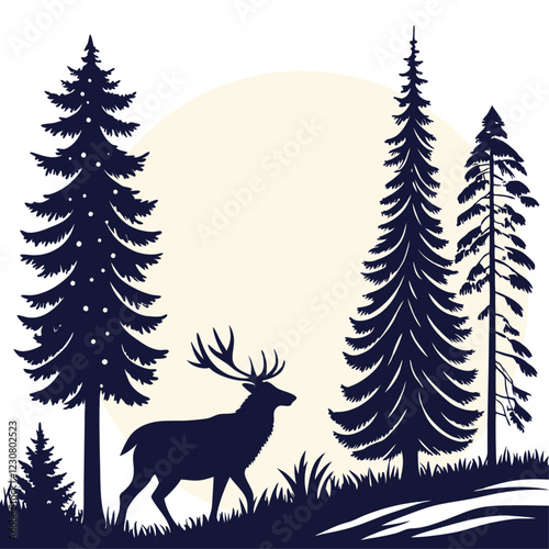 Sun landscape vector illustration of a wild deer in a snowy winter forest And urban design PNG vector
