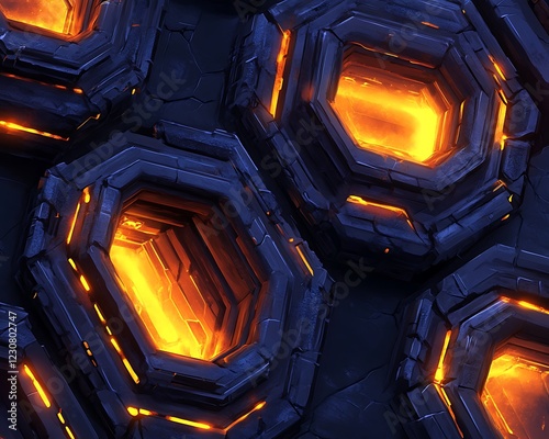 Intricate vector art of interlocking hexagonal shapes with glowing edges captured in high contrast lighting