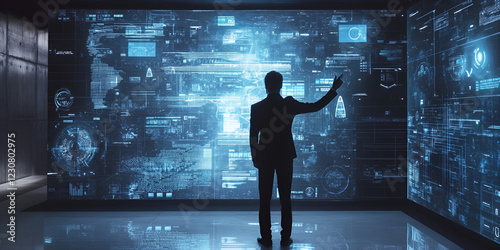 Futuristic Business Presentation with Holographic Technology and Digital Graphics photo
