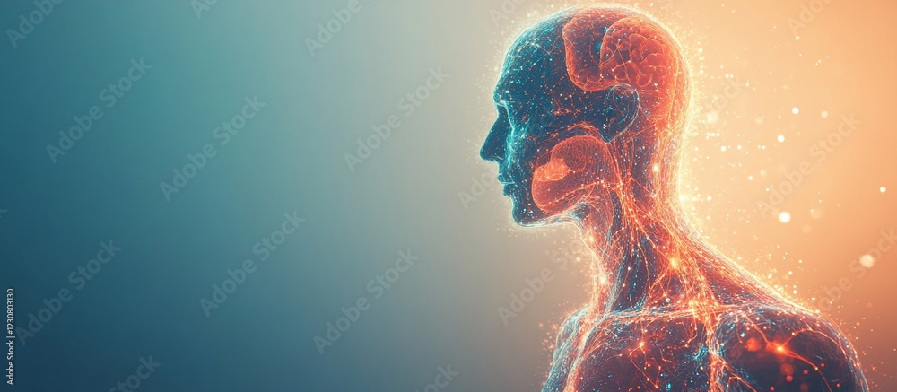 Illuminated human silhouette showcasing neural connections against a vibrant background Illuminated human silhouette showcasing neural connections against a vibrant background