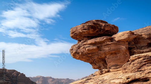 Majestic Rock Formation Under a Vast Blue Sky in Wadi Rum, Jordan photo