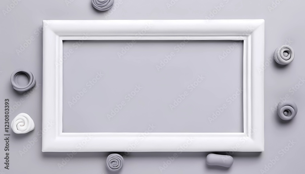A rectangular white frame sits empty in the center, surrounded by various decorative gray clay shapes, creating a calming and minimalist aesthetic on a soft gray background. Generative AI A rectangular white frame sits empty in the center, surrounded by various decorative gray clay shapes, creating a calming and minimalist aesthetic on a soft gray background. Generative AI