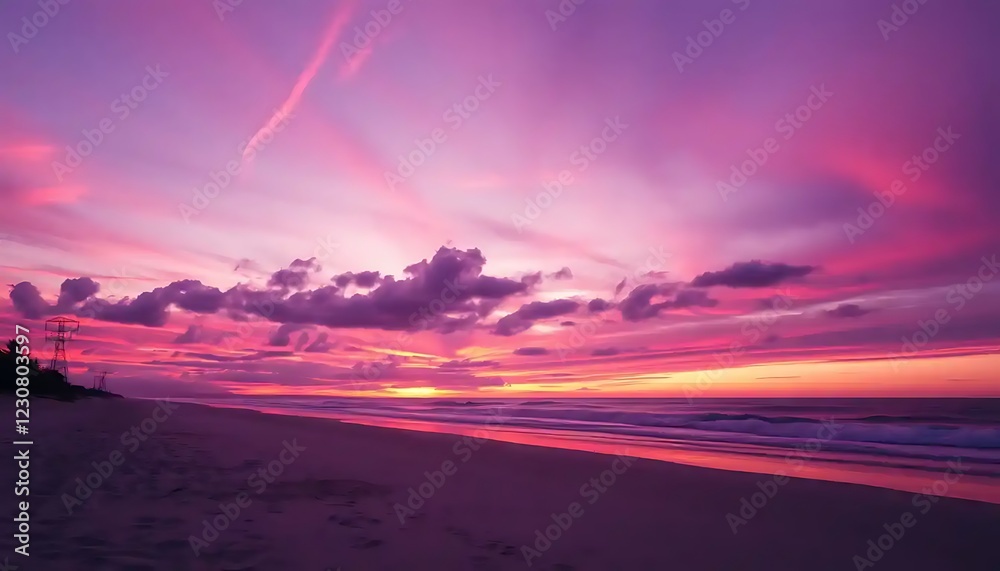 Vibrant Purple Sunset Over Tropical Beach Scene Vibrant Purple Sunset Over Tropical Beach Scene