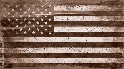 A grungy style image of an old, worn American flag with cracks and abrasions. The flag is black and white. There is a texture of the flag material visible. The background is a brown hue on newsprint.