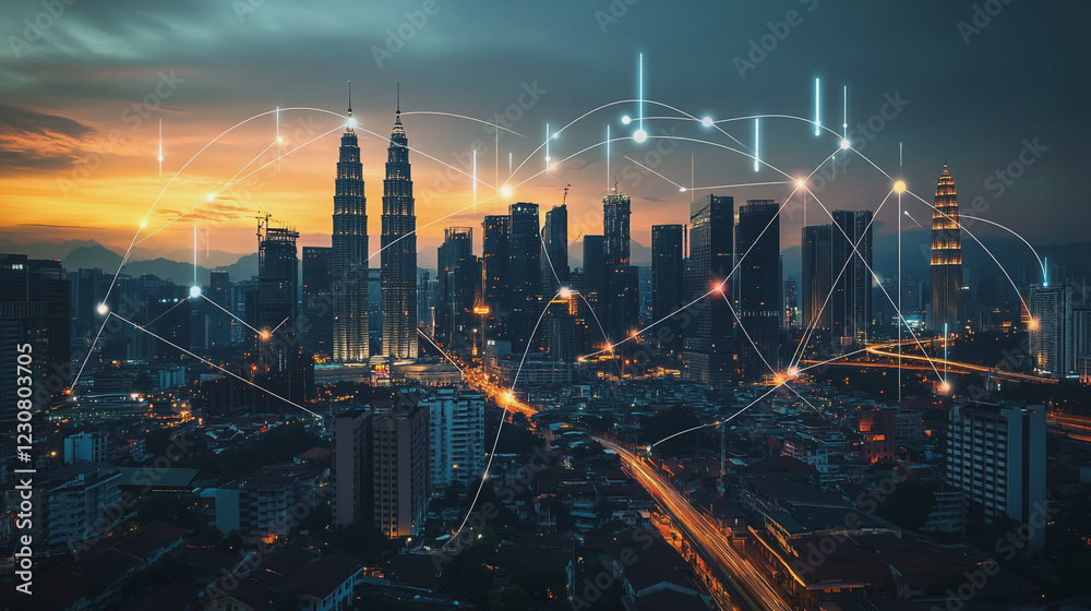 Obraz premium Abstract business man stands on Smart digital Innovation city with connection network reciprocity over the twilight cityscape. of future wireless digital city and social media networking systems