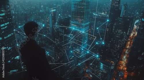Abstract business man stands on Smart digital Innovation city with connection network reciprocity over the twilight cityscape. of future wireless digital city and social media networking systems