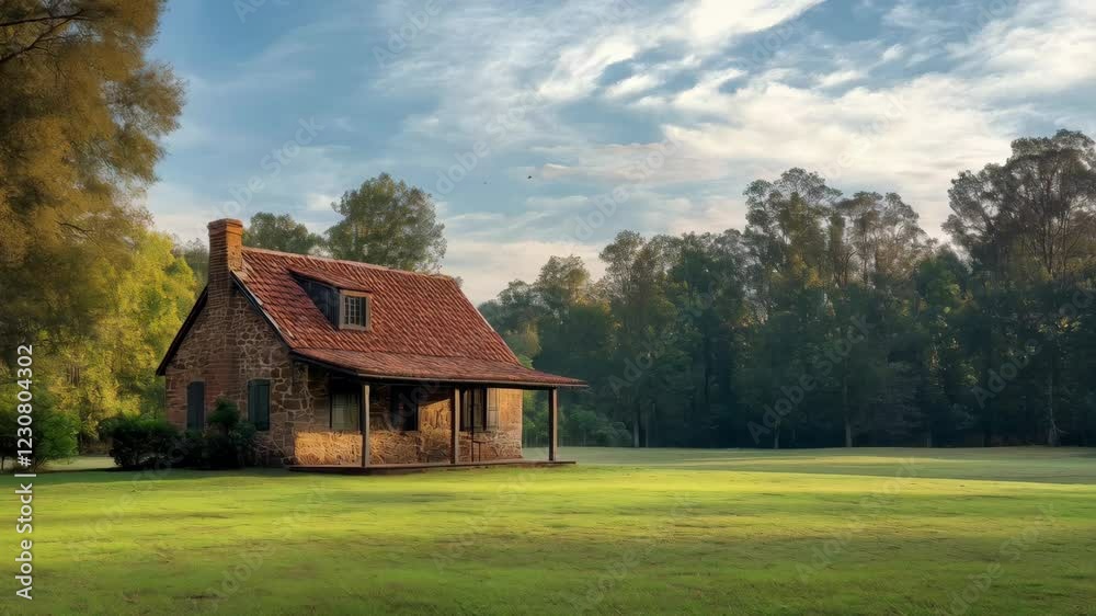 Rustic cabin with lush greenery under a blue sky on a sunny day Rustic cabin with lush greenery under a blue sky on a sunny day