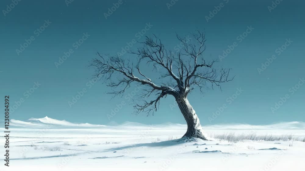 Lone tree braving winter wind in serene snowy landscape