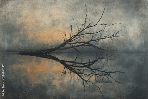 A barren tree, fallen into still water, reflects in the tranquil, dusky sky. photo