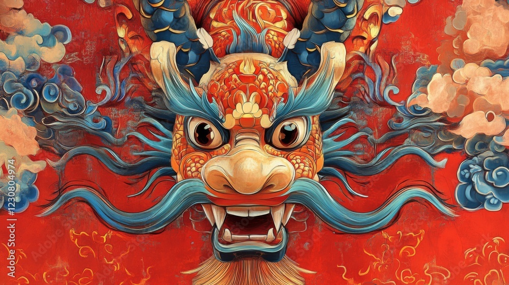 Naklejka premium Intricate Red And Blue Chinese Dragon Mural Art