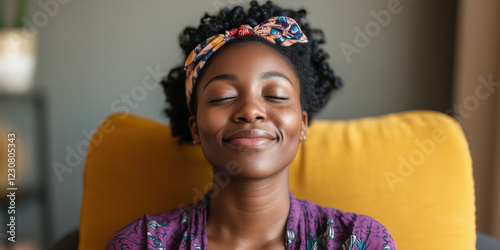 Young woman wearing a headband is smiling with closed eyes, enjoying a moment of peace and tranquility while sitting on a comfortable yellow armchair in her living room photo