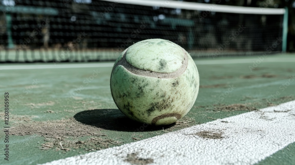 Worn tennis ball on dusty court near the net Worn tennis ball on dusty court near the net