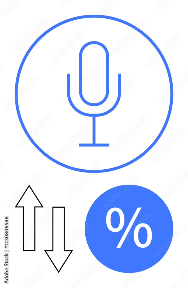 Microphone encased in blue circle, black upward and downward arrows, blue percentage symbol. Ideal for communication, analytics, audio, statistics, growth decline speech. Represents abstract line Microphone encased in blue circle, black upward and downward arrows, blue percentage symbol. Ideal for communication, analytics, audio, statistics, growth decline speech. Represents abstract line
