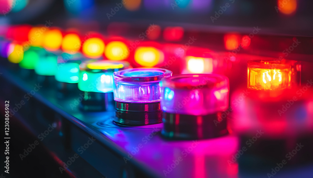 A row of colorful arcade machine buttons glowing under dim neon lighting in a retro gaming arcade A row of colorful arcade machine buttons glowing under dim neon lighting in a retro gaming arcade