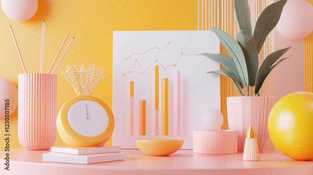 Minimalist Pastel Toned Still Life Arrangement with Geometric Shapes and Potted Plant