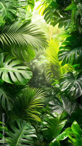 Vibrant tropical rainforest with lush green foliage and sunlight filtering through leaves.