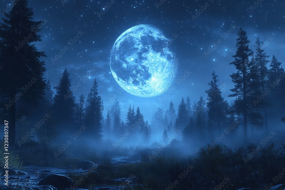 Naklejka premium Mystical night scene with full moon over forest landscape peaceful environment aerial view nature beauty