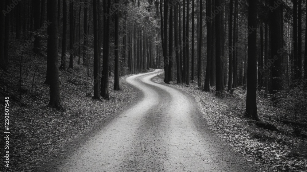 Naklejka premium Winding gravel road through a dark forest in monochrome.