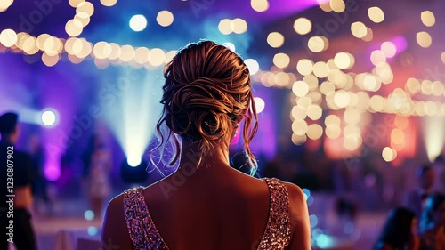 Young celebrity in glitter dress comes to the party