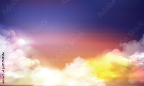 Sunset Blue,Purple Sky Background,Dramatic Sunrise with Cloud in Orange,Yellow Color in Summer,Vector Horizon Evening twilight dusk sky after sun dawn in Winter,Beautiful nature landscape by sea beach