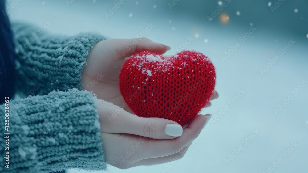 Fototapeta premium A red knitted heart is held aloft by a female hand on a white snow background, evoking the sentiments of love, winter, and Christmas.