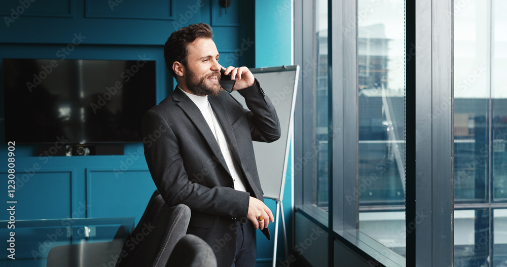 Office, businessman and networking with phone call for negotiation, funding discussion and smile. Career, male person and financial advisor with mobile for communication, offer and talking to contact Office, businessman and networking with phone call for negotiation, funding discussion and smile. Career, male person and financial advisor with mobile for communication, offer and talking to contact