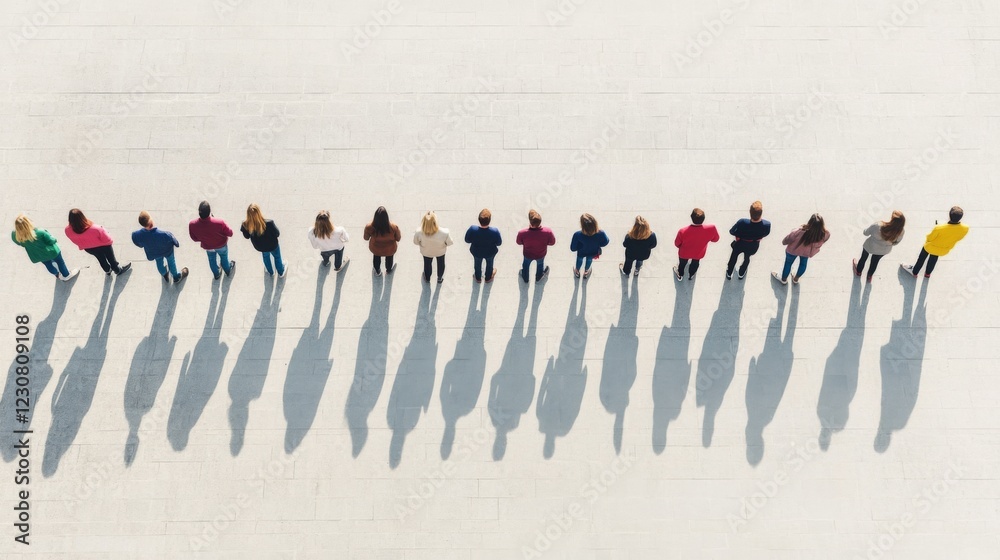 Aerial view of diverse people standing in a line, casting shadows on a light surface.