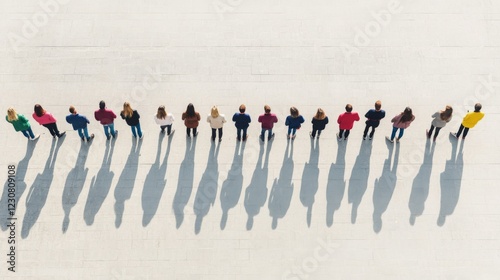 Obraz na płótnie Aerial view of diverse people standing in a line, casting shadows on a light surface. w salonie