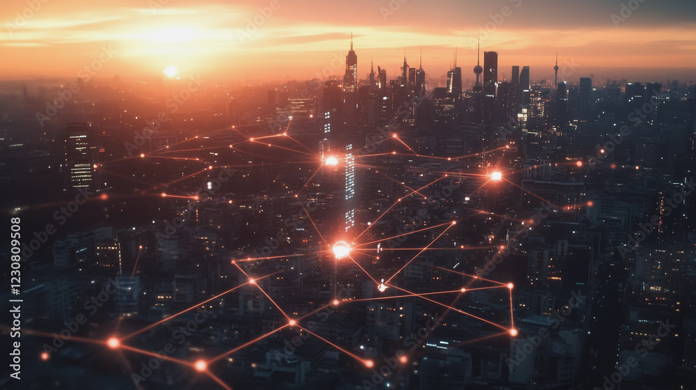 Fototapeta premium Smart digital Innovation city with connection network reciprocity over the cityscape. of future smart wireless digital city and social media networking systems that connects people with in city