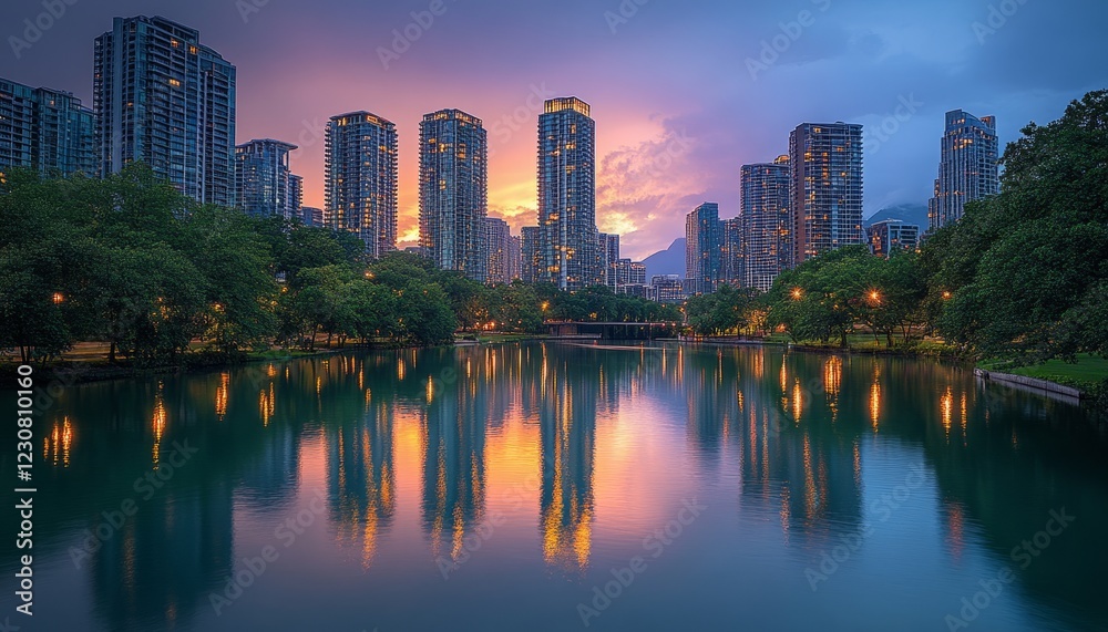 Cityscape reflection in calm lake at sunset. Cityscape reflection in calm lake at sunset.