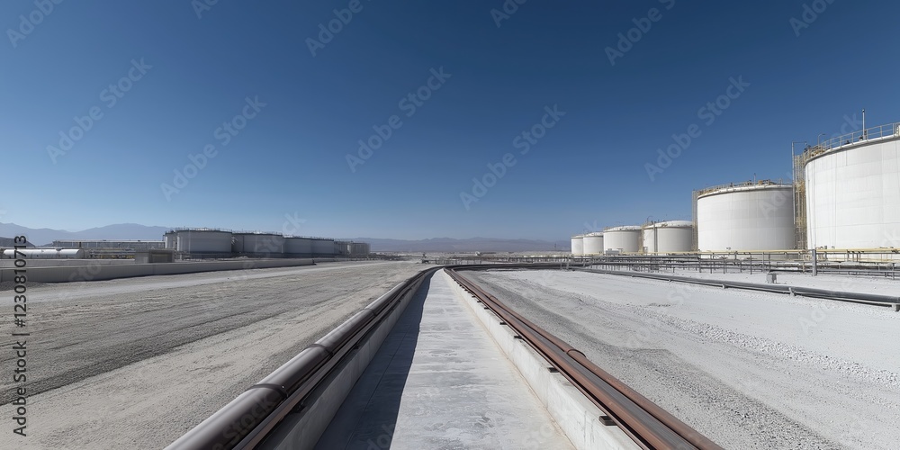 Large white industrial tanks store liquefied natural gas - LNG - at a processing facility, connected by pipelines stretching across a vast, arid landscape under a clear blue sky Large white industrial tanks store liquefied natural gas - LNG - at a processing facility, connected by pipelines stretching across a vast, arid landscape under a clear blue sky