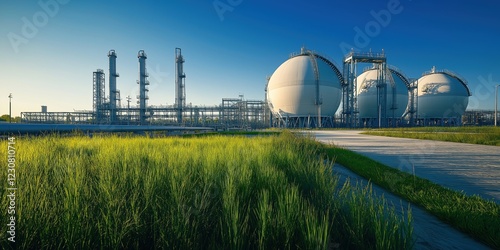 LNG terminal featuring spherical storage tanks, distillation columns, and pipelines, nestled in lush green grass under a clear blue sky at sunset, highlighting natural gas infrastructure