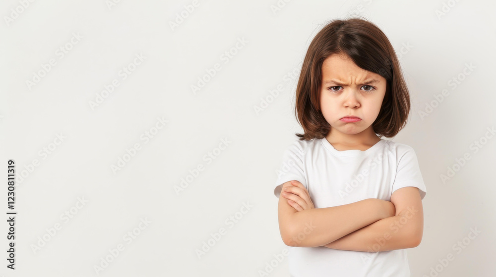 A young child stands with crossed arms, frowning in a striking display of frustration against a plain white background. A young child stands with crossed arms, frowning in a striking display of frustration against a plain white background.