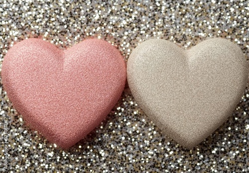 Two Hearts Shimmer in Pink Glitter Amidst a Shiny Valentine's Day Scene