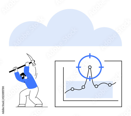 Person mining with pickaxe beside cloud and chart showing target and data trends. Ideal for analytics, cloud computing, data mining, strategy, innovation, research, abstract line flat metaphor