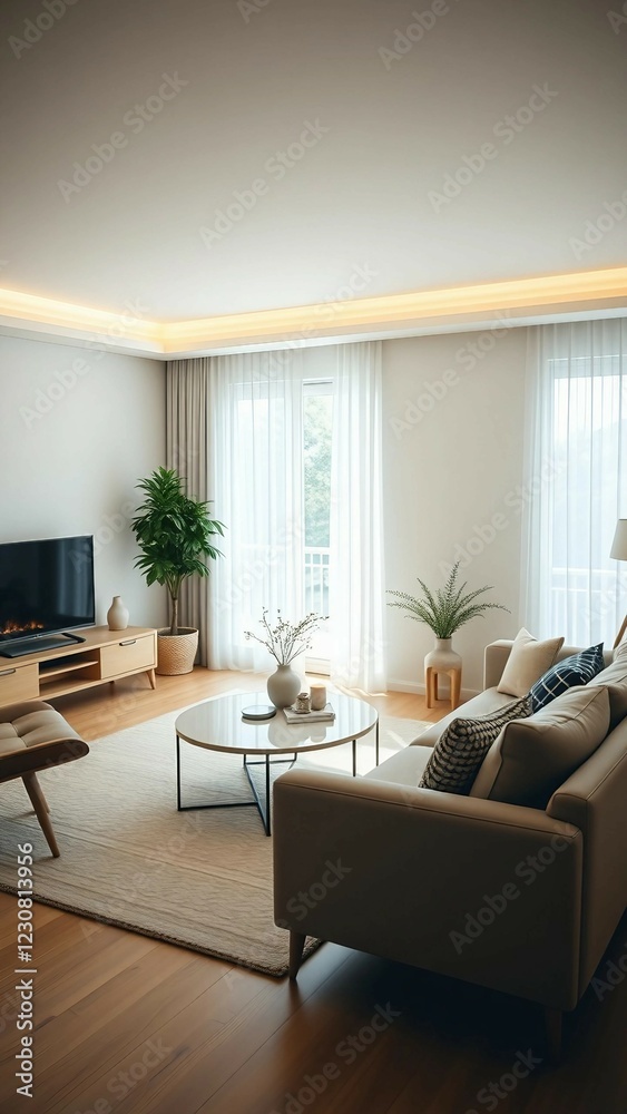 Fototapeta premium A contemporary living room with modern furniture soft lighting and a minimalist aesthetic for a cozy